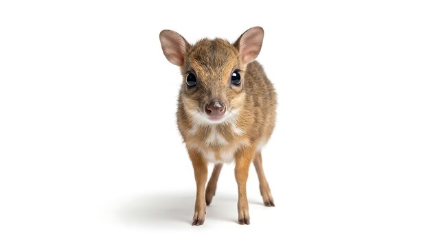 A small adorable mouse deer standing isolated on a white background.