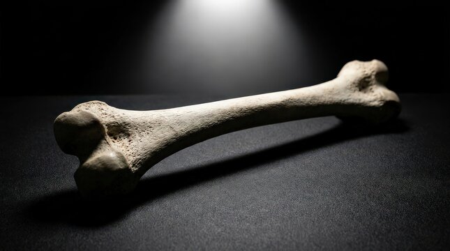 Detailed Human Femur Bone Isolated on Black, Showcasing Anatomical Structure Under Dramatic Lighting