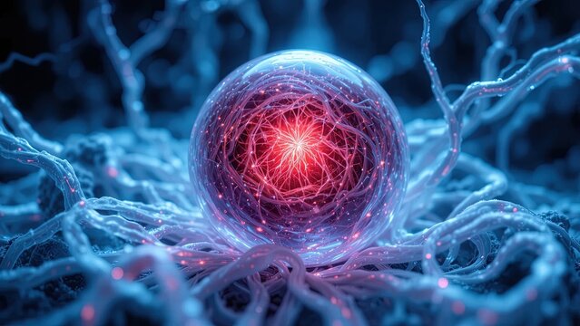 Glowing orb pulsates with inner energy surrounded by ethereal strands.