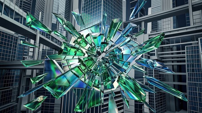 Exploding Emerald Crystal Shards in Futuristic Cityscape, Abstract Art with Sharp Edges