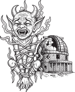 Engraved illustration of a crying horned demon with a destroyed
