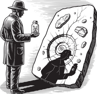 Woodcut illustration of paleontologist examining fossils on sedi