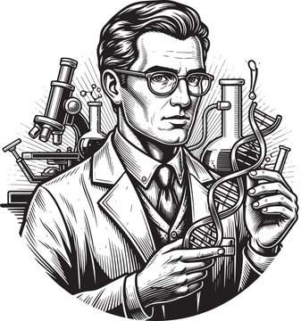 Engraving illustration of scientist with glasses holding DNA dou
