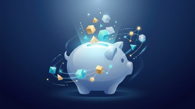 Digital Piggy Bank Illustration with Abstract Geometric Shapes and Network Connections, Financial Technology Concept