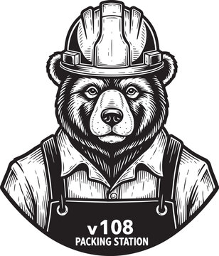 Engraved bear worker with helmet illustration for creative indus