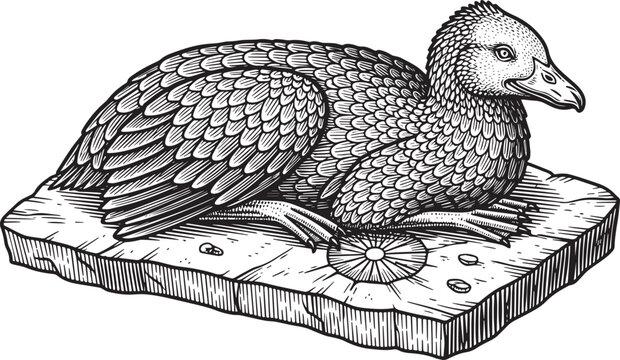 Vintage Woodcut Illustration of a Duck Resting on a Stone Slab S