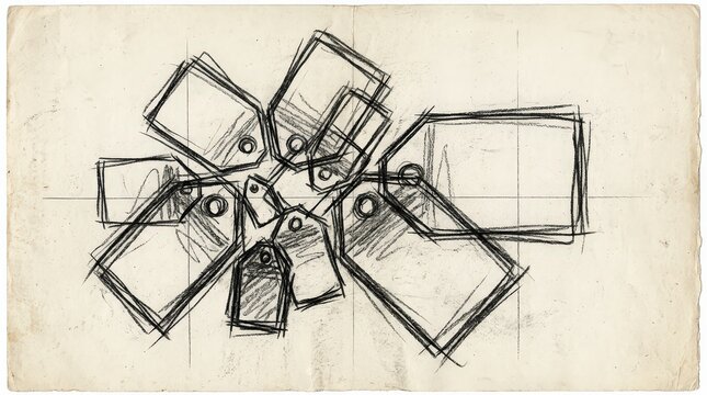 Energetic Sketch of HandDrawn Price Tags and Labels on Textured Paper, Creative Concept Art