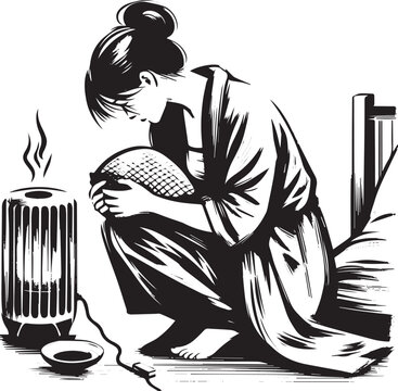 Minimalistic sumi-e illustration of a woman using a heating pad