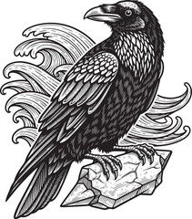 Obraz premium Woodcut Raven on Stone with Waves, Isolated Vector Illustration