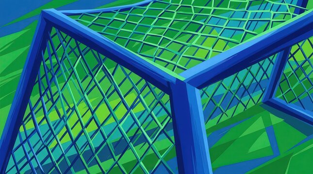 Modern Abstract Geometric Soccer Goal Netting with Vibrant Blue and Green Background