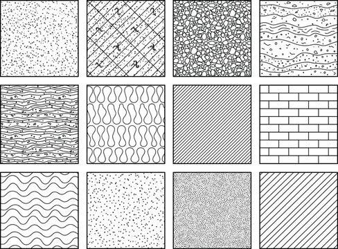 CAD hatch and texture pattern library, seamless vector drafting fills with concrete, gravel, brick, stone, crosshatch and stipple swatches for architectural floor plans and technical drawings