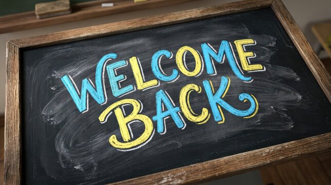 Welcome Back Message Hand Drawn on Chalkboard with Colorful Letters
