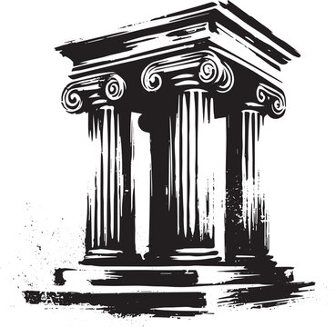 Stylized monochrome ink drawing of antique columns architectural