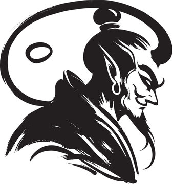 Ink-wash portrayal of a Djinn with Yin Yang Symbolism in monochr