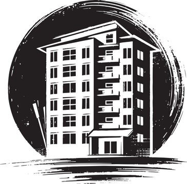 Ink wash illustration of a modern urban residential building fac