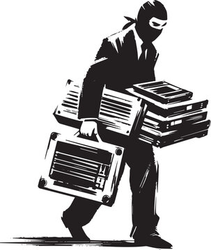 Monochrome illustration of a thief carrying stack of stolen elec