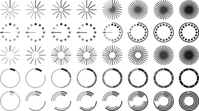 Circular buffering loader animation icon set with process loading status bar indicators for website interface design