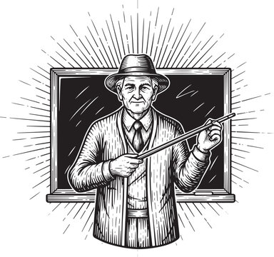Engraved illustration of a senior teacher with a pointer, standi