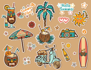 Set of summer beach stickers with retro surfboard, palm tree, coconut drink, camera, moped with sleeping cat and sun - cute tropical holiday elements drawn with brush strokes, vector design, isolated. © ANZHELIKA