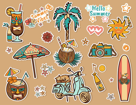 Set of summer beach stickers with retro surfboard, palm tree, coconut drink, camera, moped with sleeping cat and sun - cute tropical holiday elements drawn with brush strokes, vector design, isolated.