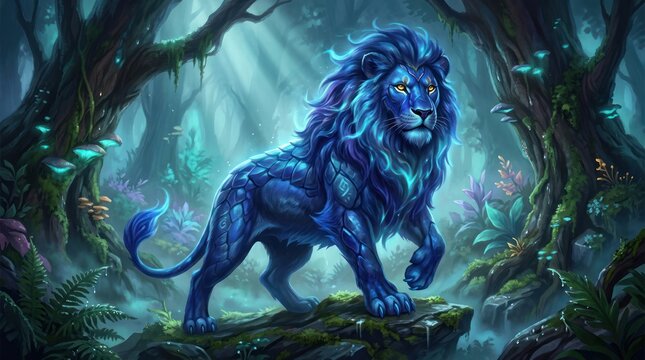 Luminous blue lion in a magical enchanted forest with ethereal light and mystical atmosphere