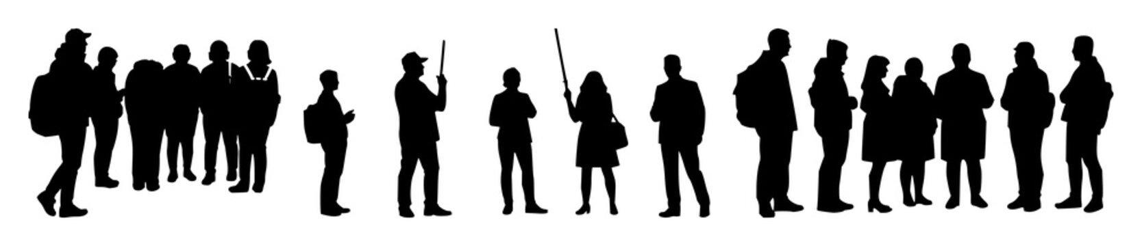Guided tour group set with solid black icons on white background featuring group, travel, navigation with adventure and exploration