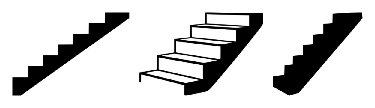 Staircase icon set with solid black line art design featuring staircase, navigation, architecture with icons and symbols