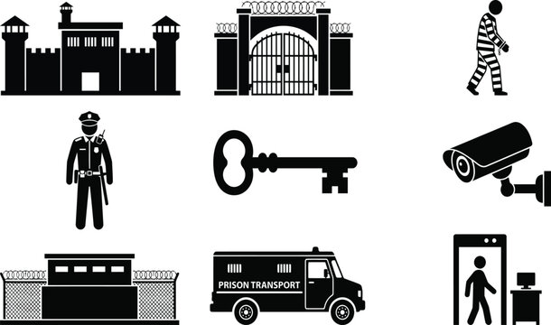 Comprehensive Set of Prison and Justice Icons Featuring Correctional Facility Buildings, Inmate in Striped Uniform, Police Guard, Security CCTV Camera, Transport Van, and Barbed Wire Fence