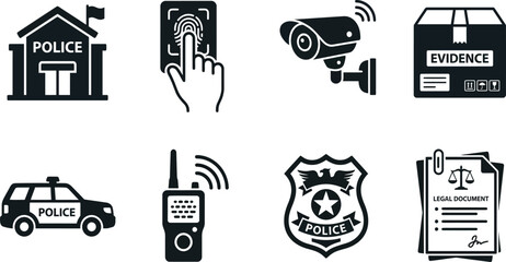 Vector Law Enforcement and Police Department Icon Set Featuring Police Station, Surveillance Camera, Patrol Car, Evidence Box, Biometric Fingerprint Scan, Radio and Legal Documents. © Masum