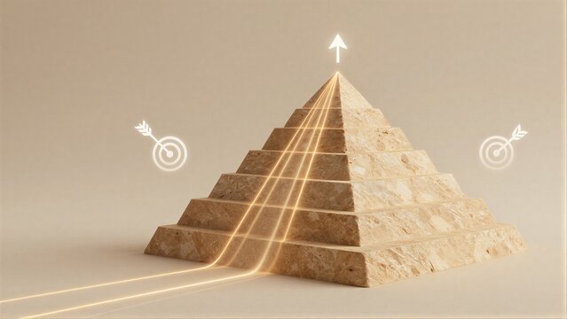 Stone pyramid with glowing lines and target icons, symbolizing goal achievement.