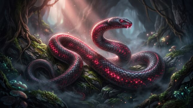 Mystical red and black serpent coiled in a misty enchanted forest