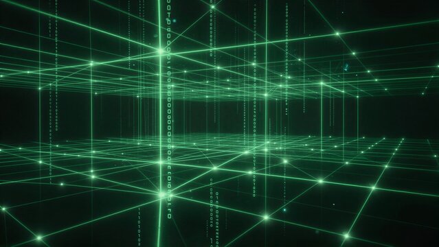 Green digital grid with binary code, futuristic cyber space visualization.