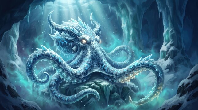 Mystical kraken emerging from deep underwater cavern with ethereal light