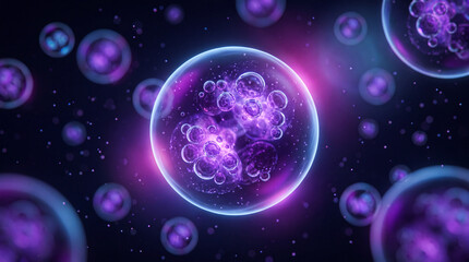 Fototapeta premium Abstract 3D render of glowing purple biological cells and floating microscopic spheres in a dark cosmic space background with ethereal light effects