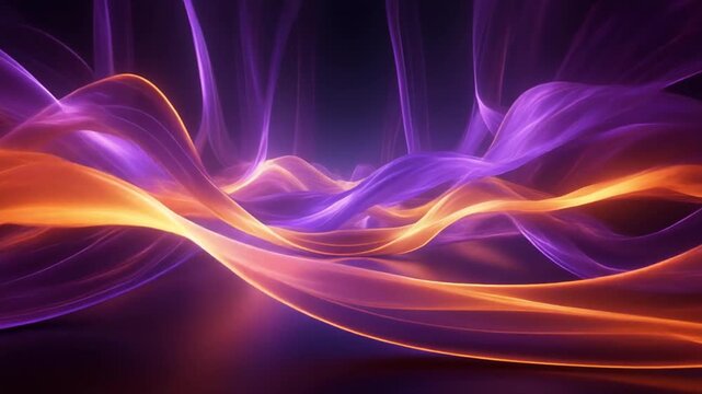 Abstract glowing wavy ribbons of purple and neon orange silk loop background
