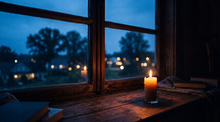 Fototapeta premium Cozy evening atmosphere with a lit candle on a wooden windowsill overlooking a blurred twilight village landscape with bokeh lights through a window