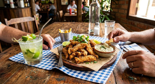 A serving of crispy alligator bites served with tartar sauce, french fries, and a lime caipirinha on a rustic bar table during happy hour