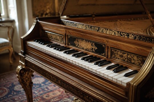 Baroque harpsichord with detailed woodwork and black and white keys.