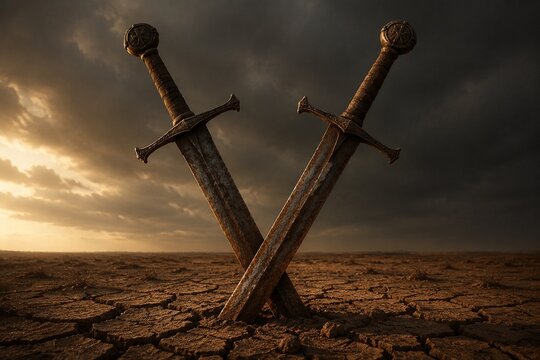 Two rusted longswords crossed and planted in cracked, dry earth.
