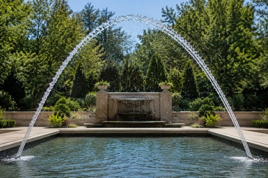 Arc of water from a fountain creating a parabolic trajectory, sparkling droplets in sunlight.