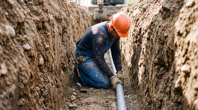 Male construction worker in orange hard hat installing new underground drainage pipe inside a deep dirt trench during outdoor utility work