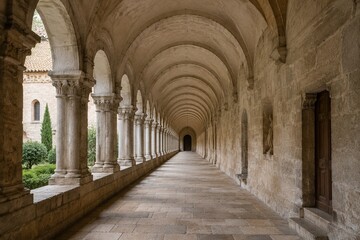 Obraz premium Monastery corridor with repeating stone arches extending into the distance, showcasing architectural symmetry.