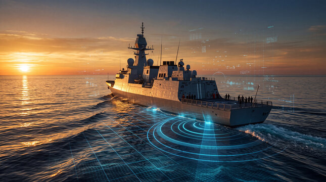 Modern naval warship sailing on the ocean at sunset with futuristic digital interface technology and sonar waves data visualization overlays