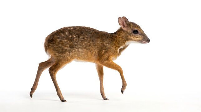 A small cute chevrotain standing on a plain white background studio shot.