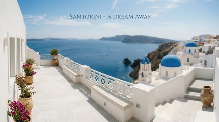Obraz premium Santorini Greece Iconic White Buildings Blue Domes Overlooking Aegean Sea.