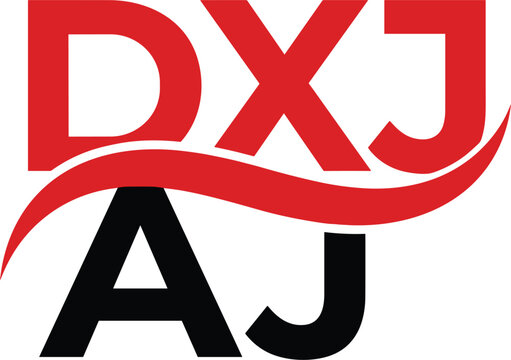 Modern DXJ AJ alphabet letter logo design featuring bold red and black typography separated by a dynamic swoosh element.