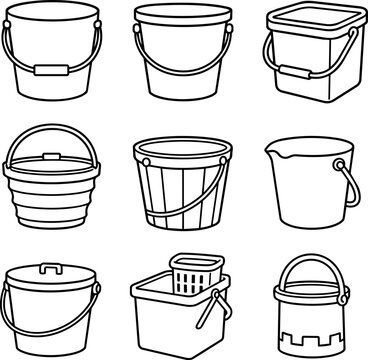 Outline set of plastic buckets pails and cleaning mop bucket containers