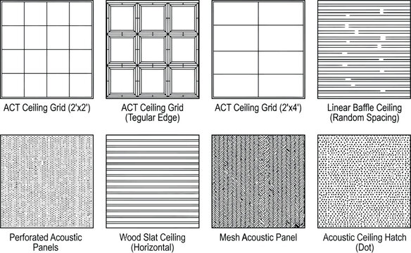 RCP ceiling hatch legend. CAD vector patterns for acoustic tiles, grid ceilings, baffles, slats, and perforated ceiling systems in reflected ceiling plans