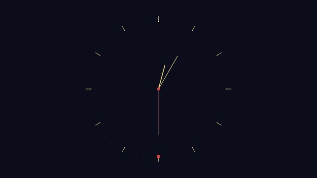 Minimalist analog clock face animation with rotating second hand on dark background, time motion countdown