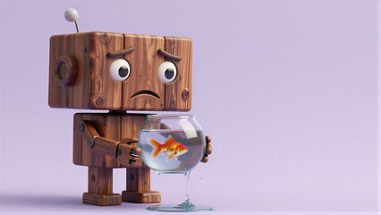 Fototapeta premium Wooden robot holds fishbowl with leaking water, sad expression on face.